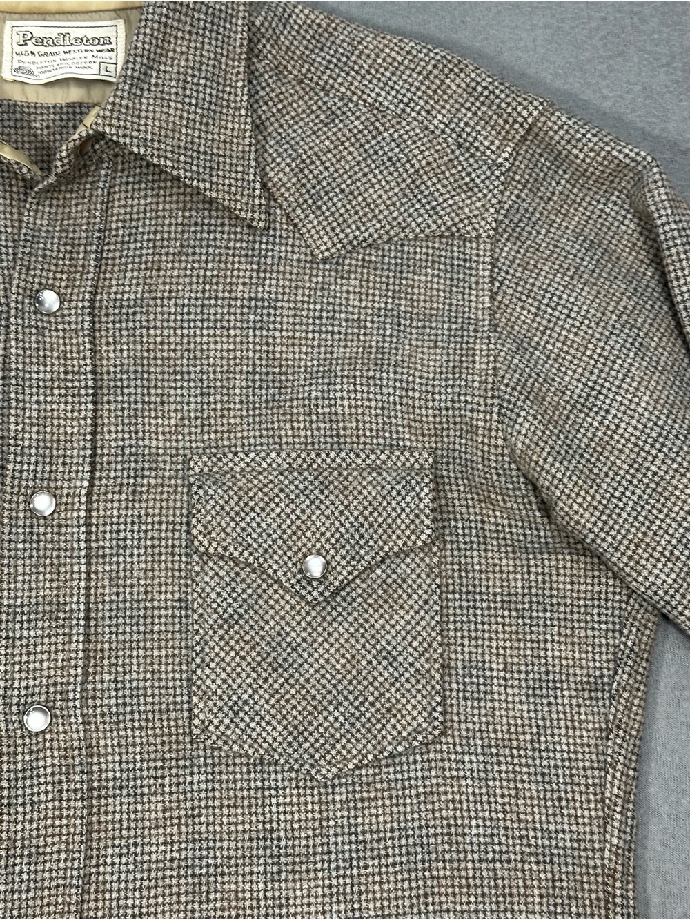 Vintage Pendleton Shirt Mens L Wool Western Snap Brown Tweed Shacket USA Style - Picture 6 of 15